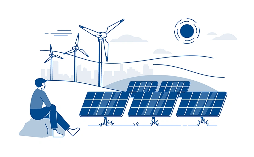 Eine Illustration zeigt eine Landschaft mit drei Windrädern und 5 Photovoltaik Panelen. Eine Person sitzt links vorne im Bild und betrachtet die Landschaft. Im Hintergrund ist die Skyline einer Stadt zu sehen.